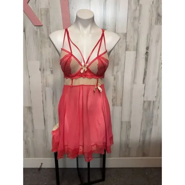 Women’s pink Lace Babydoll Lingerie Chemise Crisscross Back Size XL - Image 4