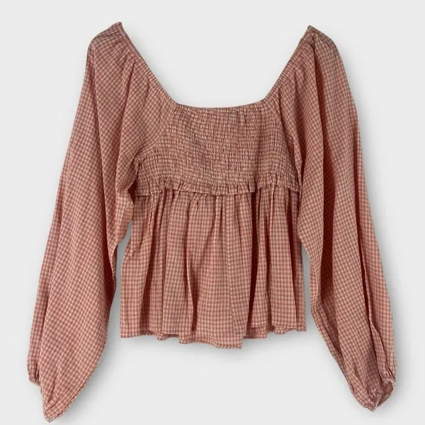 Forever Sunny Smocked Gingham Blouse Petal Pink Balloon Sleeves Peasant Milkmaid - Image 3