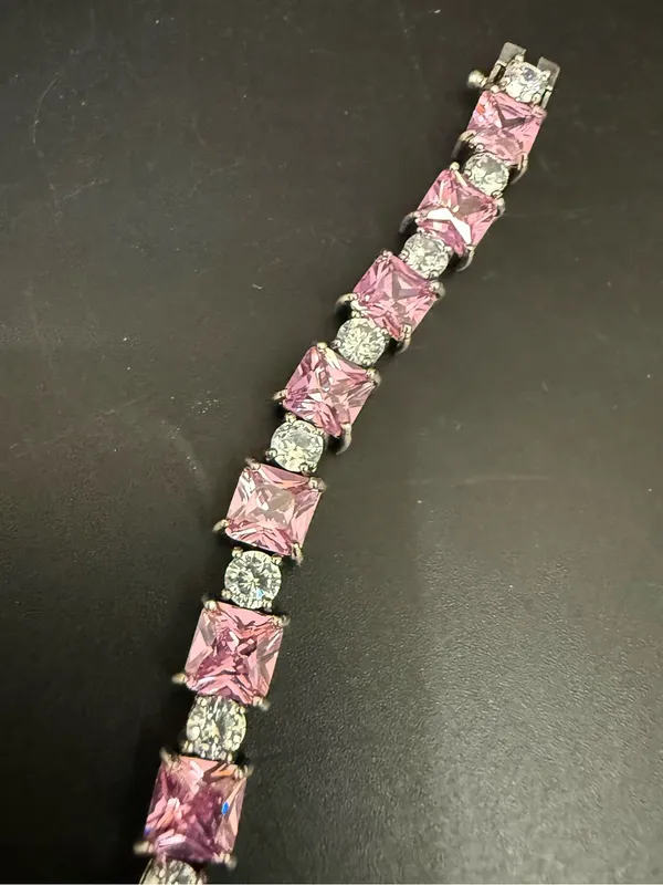 Vintage 925 Sterling Silver Princess Cut Pink CZ & Clear Round Tennis Bracelet - Image 9