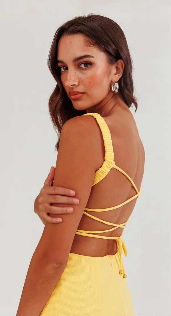 Selfie Leslie Dream Crush Lace Up Midi Dress Lemon Large NWT - Image 2