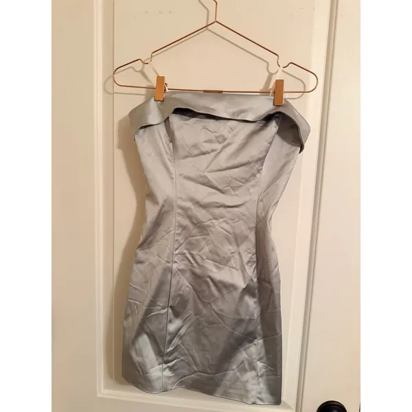 Sunday Best Satin Mini Dress Womens 6 Silver Blue Strapless Fold‎ Over Cocktail - Image 3