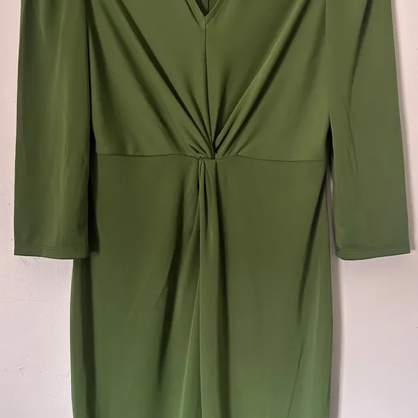 Lark & Ro Olive Green V-Neck Twist Midi Dress Sz Small - Image 2