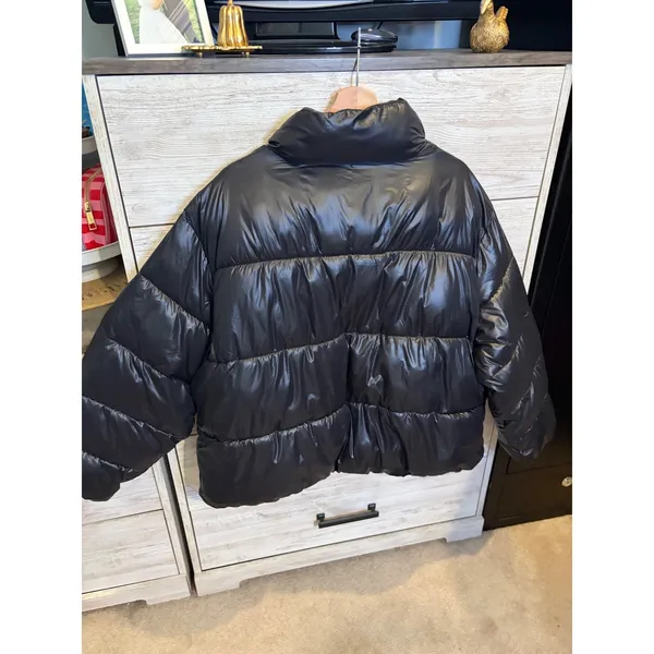 Old Navy Womens XL Shiny Black Puffer Jacket Quilted Zip Up Stand Collar Coat - Image 6