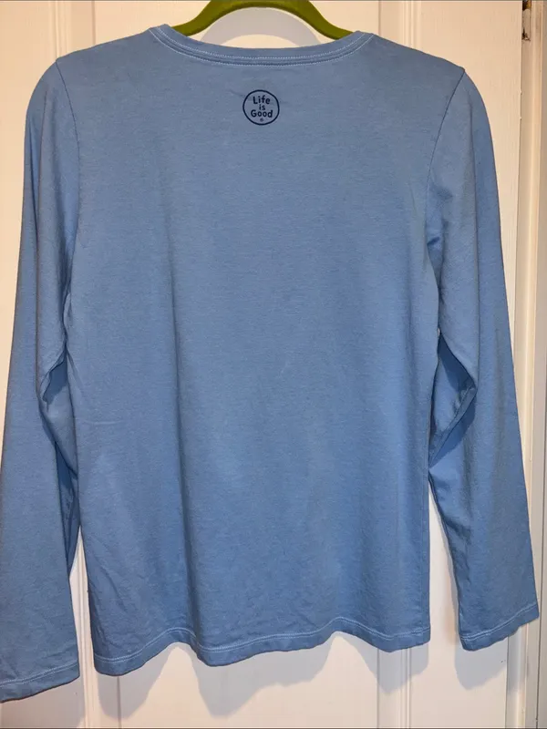 Life Is Good Blue L/S Tee Shirt V Neck With Life Is Golden On Front Size Small - Image 6