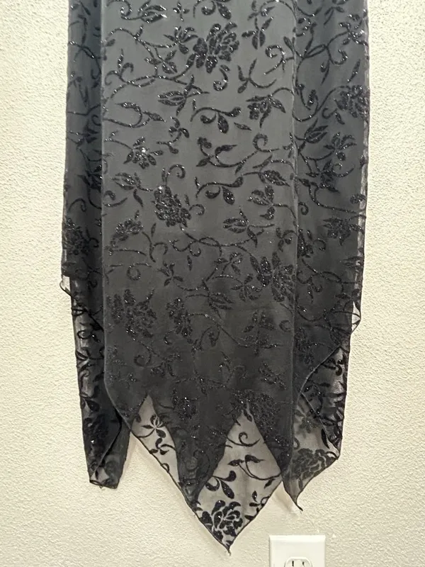 Vtg Black Velvet Burnout Midi Dress Medium Floral handkerchief hem Whimsigoth - Image 13