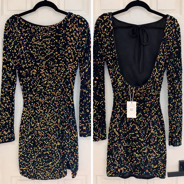 Bella Barnett NWT Sequin Mini Dress M Black Rainbow Long Sleeve‎ Open Back Dress - Image 2