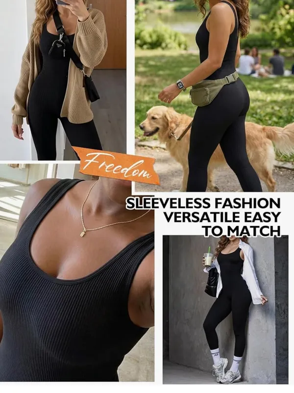 AURUZA Workout Jumpsuit for Women, Seamless Ribbed Yoga Unitard, Square Neck - Image 6