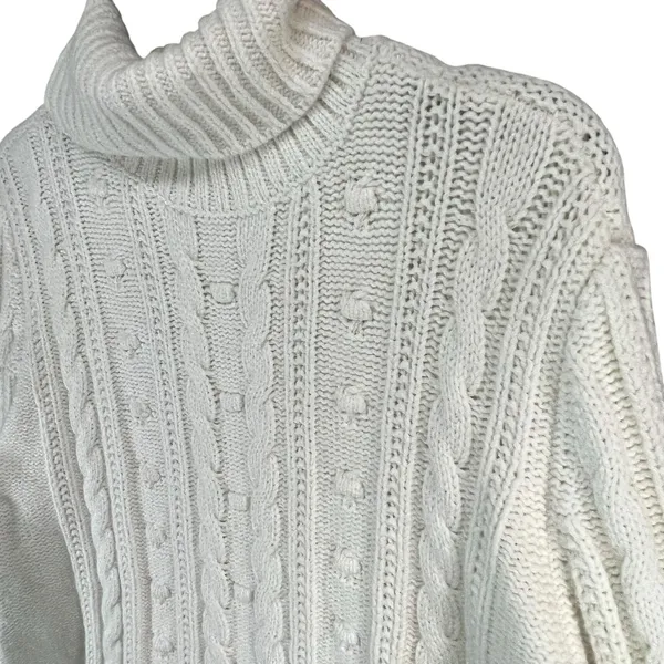 Lands End Sweater‎ Womens L Petite Cream Cable Knit Fisherman Turtleneck Cozy - Image 2