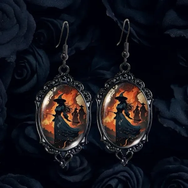 Vintage Style Witch-Themed‎ Black Lace Drop Earrings with Glass Accents - Image 2