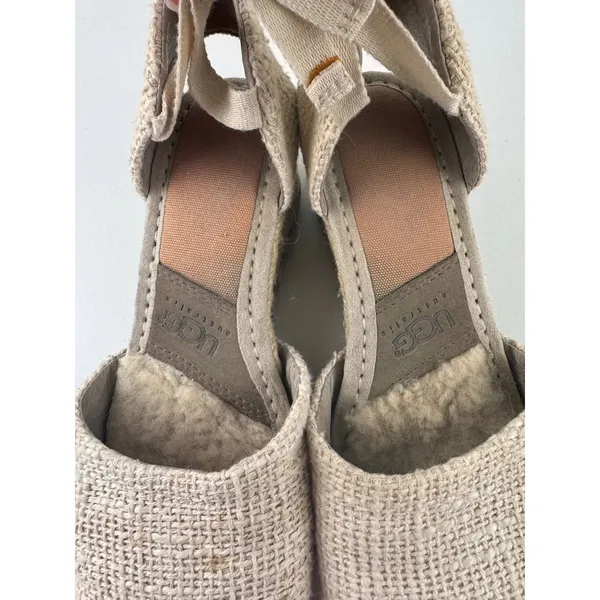 UGG Australia Raffia Wedge Sandals‎ Espadrille Peep Toe Ankle Tie Beige Size 6 - Image 2