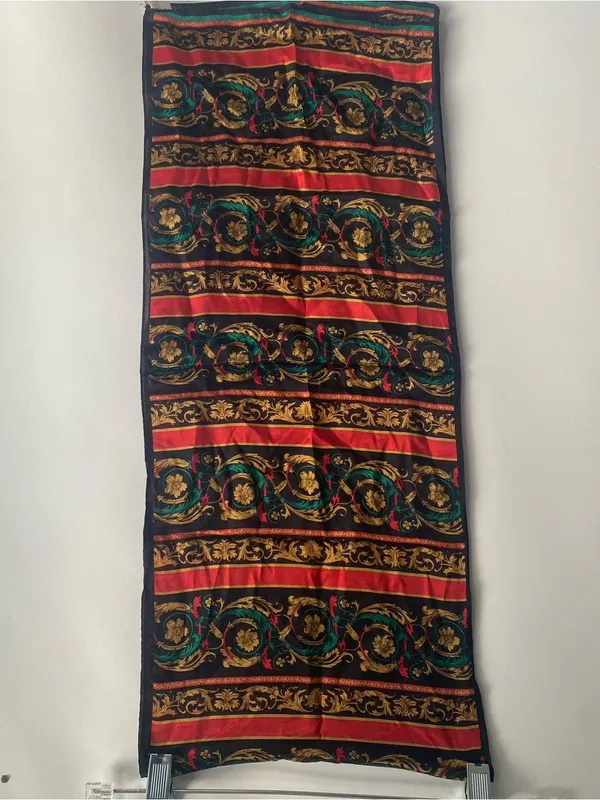 Vintage 80s Elaine Gold Silk neck scarf baroque pattern red gold green print - Image 7
