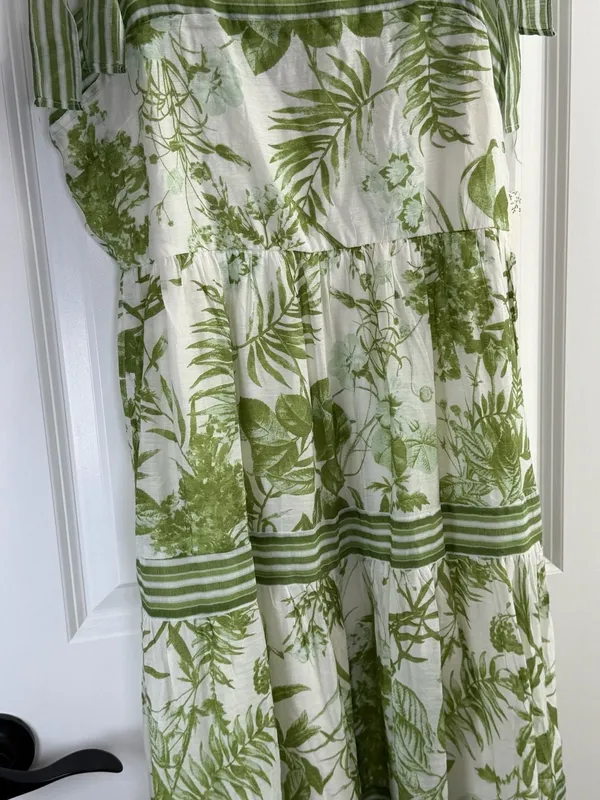 Sweet Wanderer Green Botanical Print Tie-Shoulder Tiered Midi Dress - Image 2