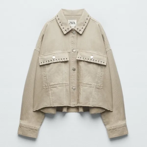 NWT‎ Zara Piercing Cropped Overshirt Jacket in Taupe Size Extra Large - Image 14