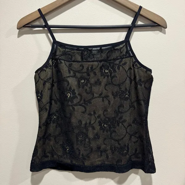 Vintage 90s Express Tricot Black Floral Mesh Lace Cami Top M - Image 4