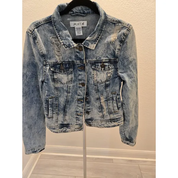 Garage Jalate XL Vintage Blue Acid Wash Distressed Denim Jacket Women Shrunken Crop - Image 2