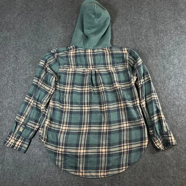 American Eagle Hooded Flannel Shirt Womens XS Green Plaid Button Down Hoodie - Image 2