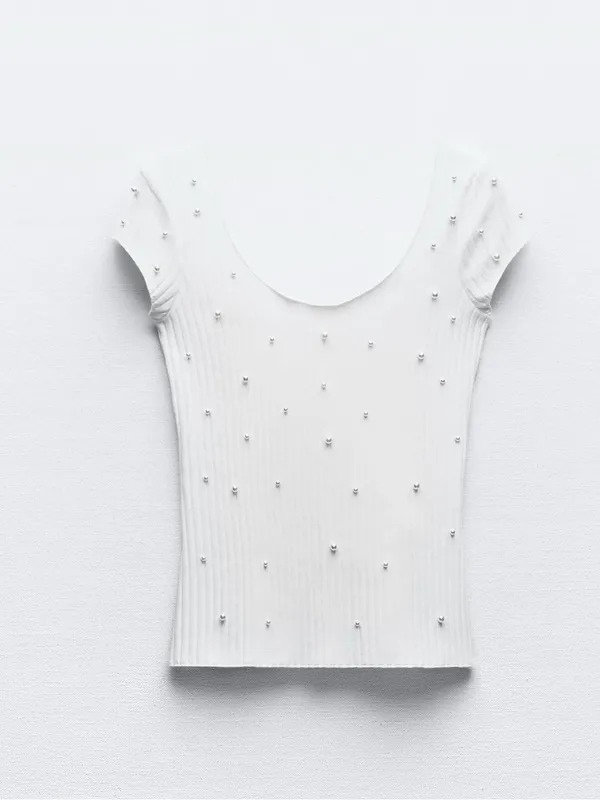 Zara NWT Pearl White Scoop Neck Ribbed Top Pearl Embellishments - Image 2