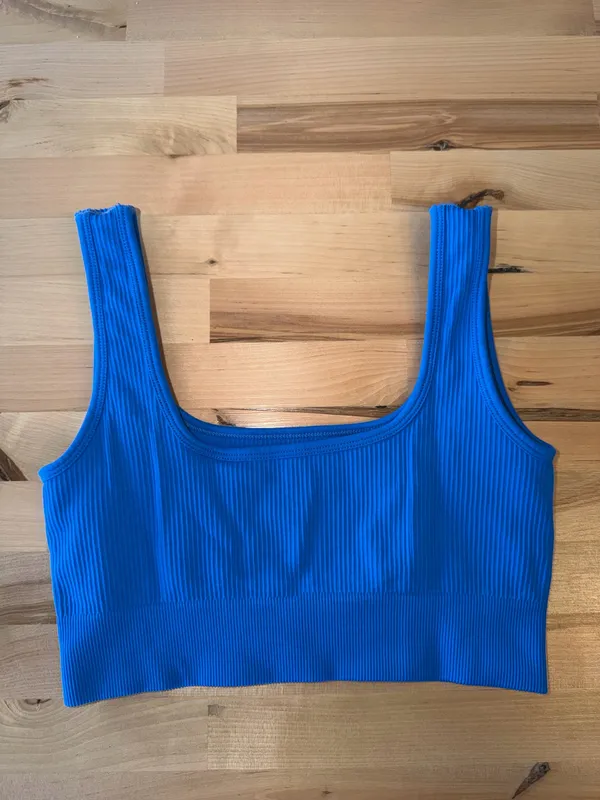Electric Blue Ribbed Scoop Neck Sports Bra - Image 2