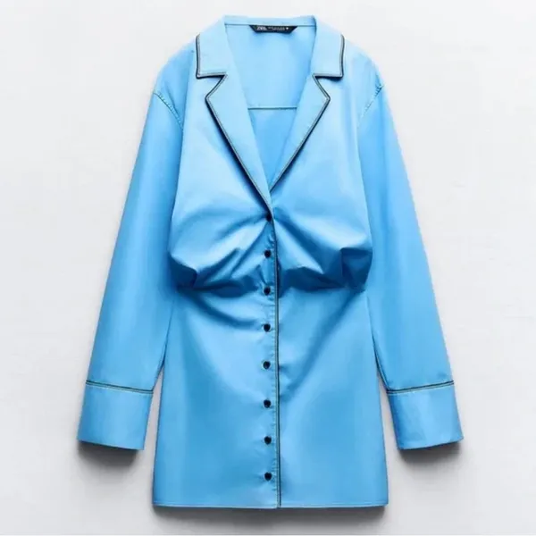 ZARA Short Trench Coat Deep V-Neck Cotton Button-Up Shirt Dress‎ Blue Size Large - Image 7