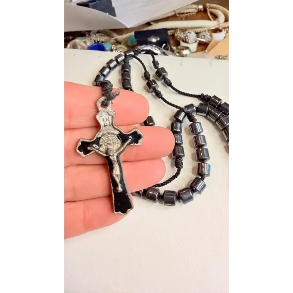 Handmade Black Rosary Necklace With Silver Metal Crucifix Pendant & Beaded Chain - Image 2