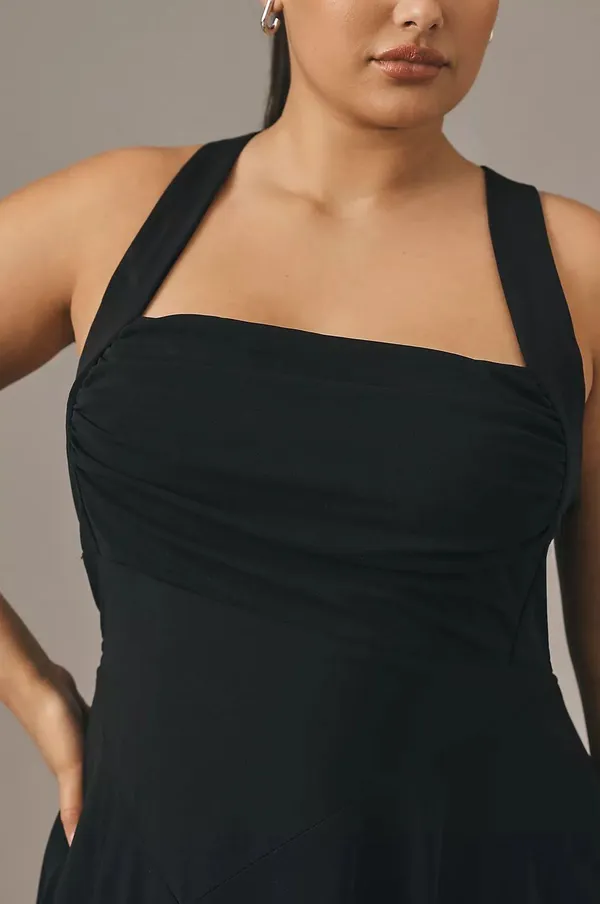 NWT Ruched Square-Neck Black Mini Dress. Size Large - Image 2