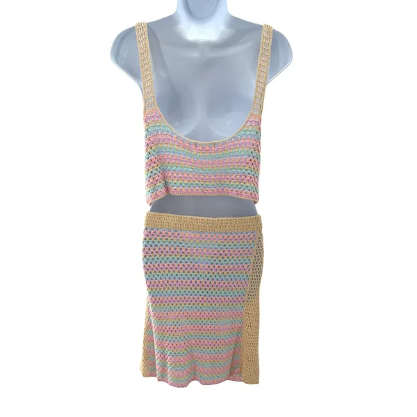 Lovers + Friends Pastel Rainbow Crochet Set Crop‎ Top XL Mini Skirt L Revolve - Image 6