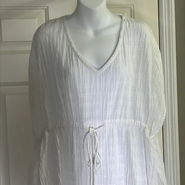 aerie White Striped Oversized Drawstring Beach/Pool V-Neck Coverup w/ Slits-XS-S - Image 8
