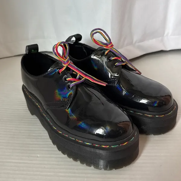 Dr. Martens 1461 Quad Rainbow Patent Platform Shoes black size 7 ladies 6 Men - Image 13