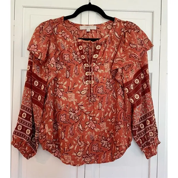 Loft burnt orange floral ruffled shoulder long sleeve blouse - Image 3