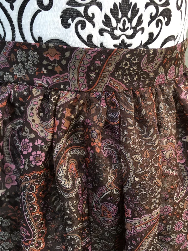 Vintage 70s 80s Dimension V Sheer Brown Pink Paisley Knee Length Skirt Midi S - Image 7