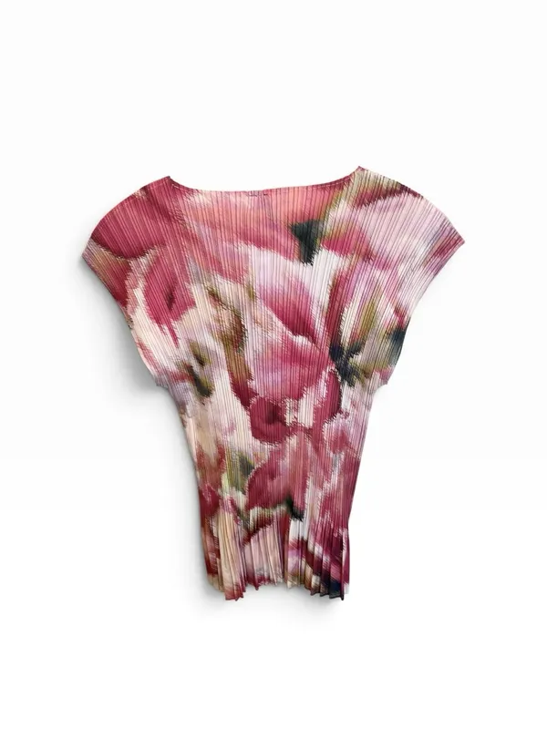 Milano Pleated Floral V-Neck Cap Sleeve Blouse Large Watercolor Pink Stretch - Image 2
