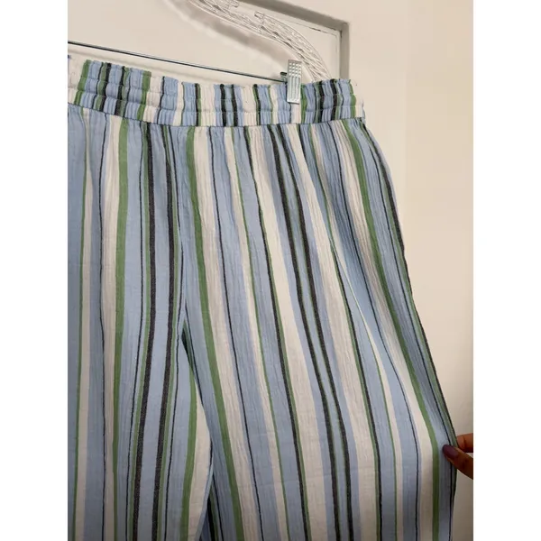 Wonderly Womens Cotton High Rise Tie Waist Ankle Pants Blue Green Striped XL - Image 9