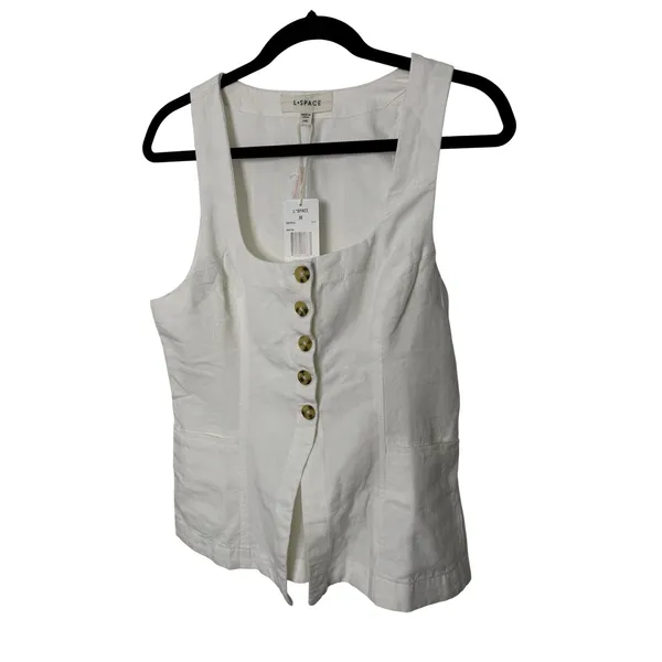 L*Space Sofie Vest White Linen Button Front Square Neck Sleeveless Top - Image 2