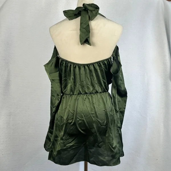 New PRETTYLITTLETHING Khaki Satin Cowl Cold Shoulder Bodycon MiniDress‎ Green 4 - Image 8