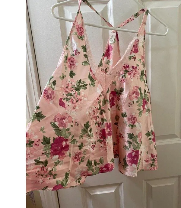Flora Nikrooz Pink Floral CHEMISE CAMI Lace Accent Sleepwear TOP LARGE - Image 2