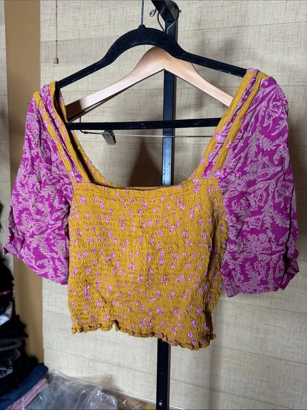 NWT Free People Marigold Tee Golden Combo Smocked Crop Top Boho Size Medium - Image 8