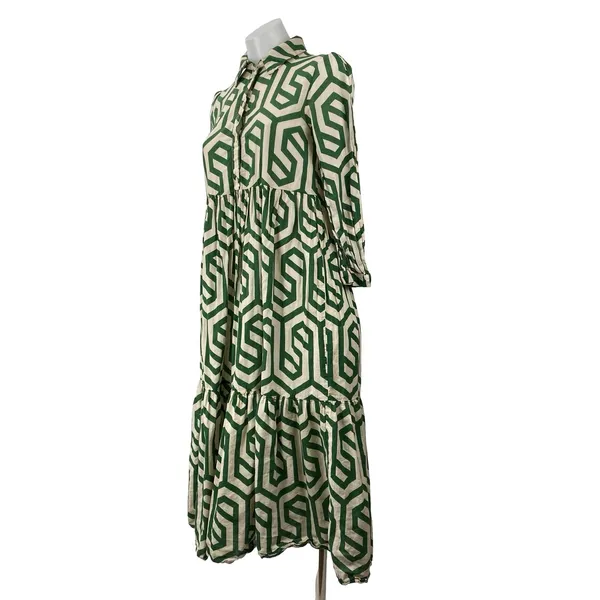 Zara Karen Green Geometric Long Sleeve Button Tiered A Line Midi Dress Size XS - Image 2