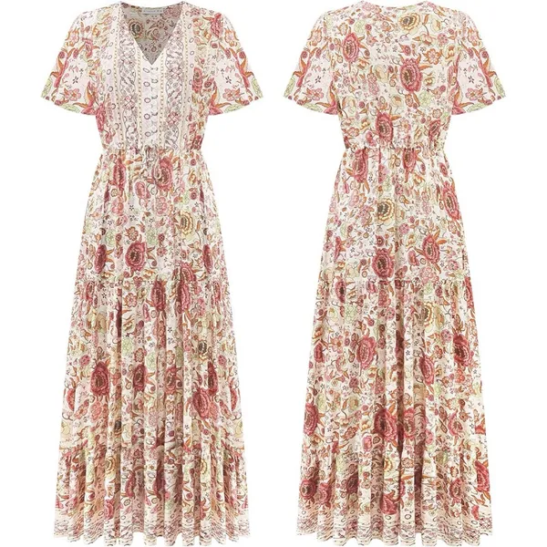 Vivimos Floral Maxi Dress L Prairie Flowy Relaxed Romantic Henley Elastic Waist - Image 2