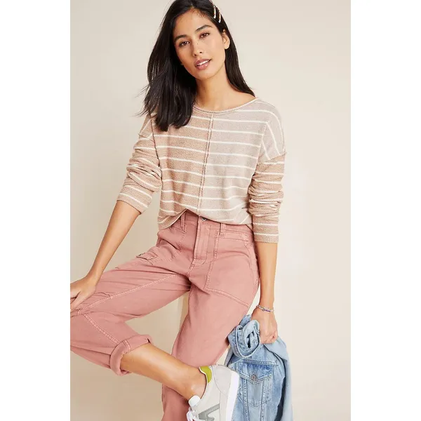 Anthropologie Womens Sweatshirt‎ Size XS Devin Textured Striped Tan Cream - Image 4