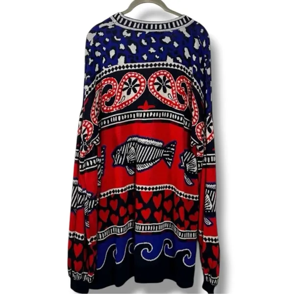 Farm Rio Art to Wear Fair Isle Knit Cardigan Sweater Hearts Fish Waves Large - Image 5