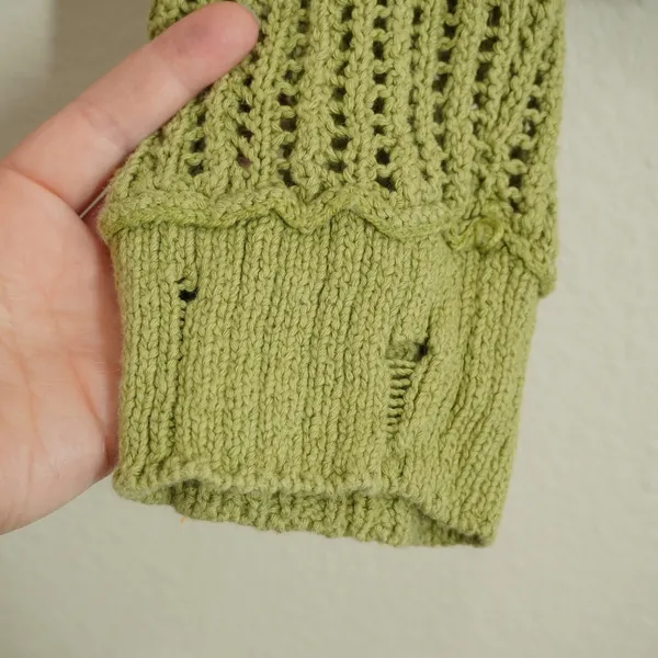 American Eagle Small Sage Green Open Knit Cropped Cardigan Sweater Distressed - Image 5