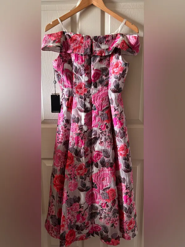 Adrianna Papell Floral Jacquard Shoulder Midi Dress Sz 6 Autumn Wedding Guest - Image 7