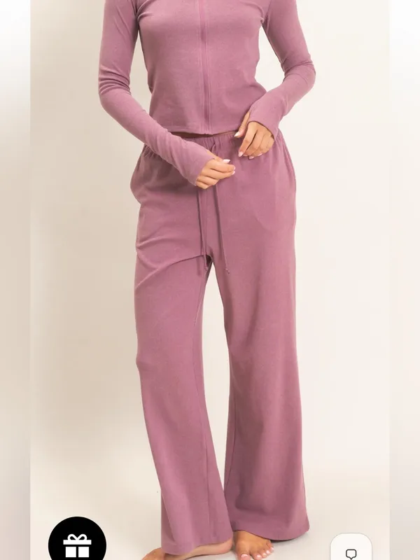 Dusty Mauve Plum Zip Up Top Wide Leg Pants Set Small - Image 2