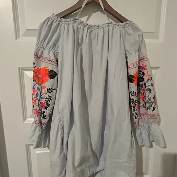 Free People Embroidered Off Shoulder Mini Dress Blue Orange Size S - Image 8