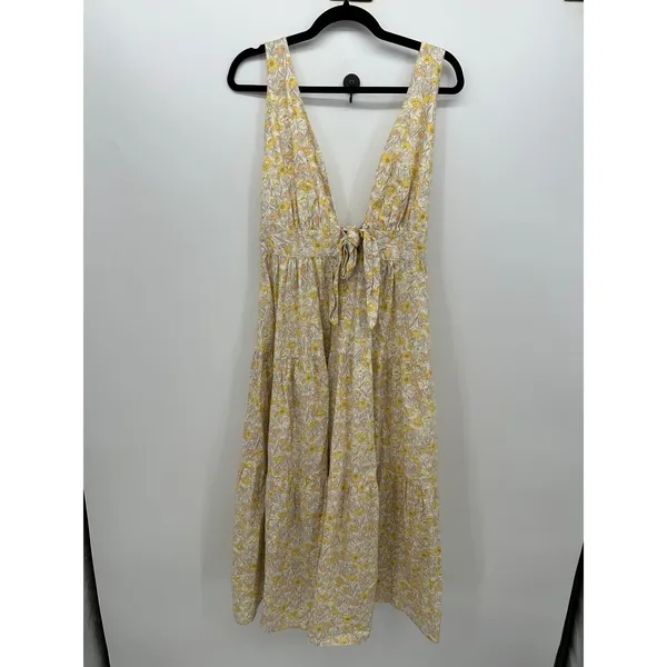 Aakaa Floral Midi Dress M Yellow Deep V Tie Front Tiered Boho Sundress - Image 2
