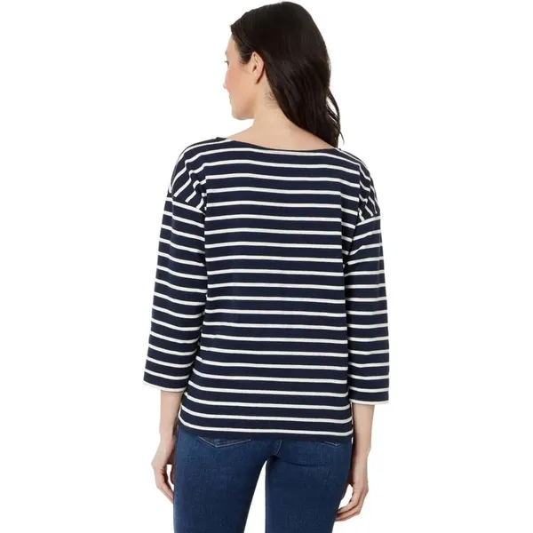 L.L.Bean Women's Medium Navy/White Striped 3/4 Sleeve Boat Neck Blouse‎ - Image 2