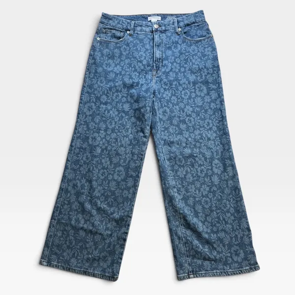 Good American Good Waist Palazzo Crop Floral Denim Wide Leg Jeans Blue 10/30 - Image 3
