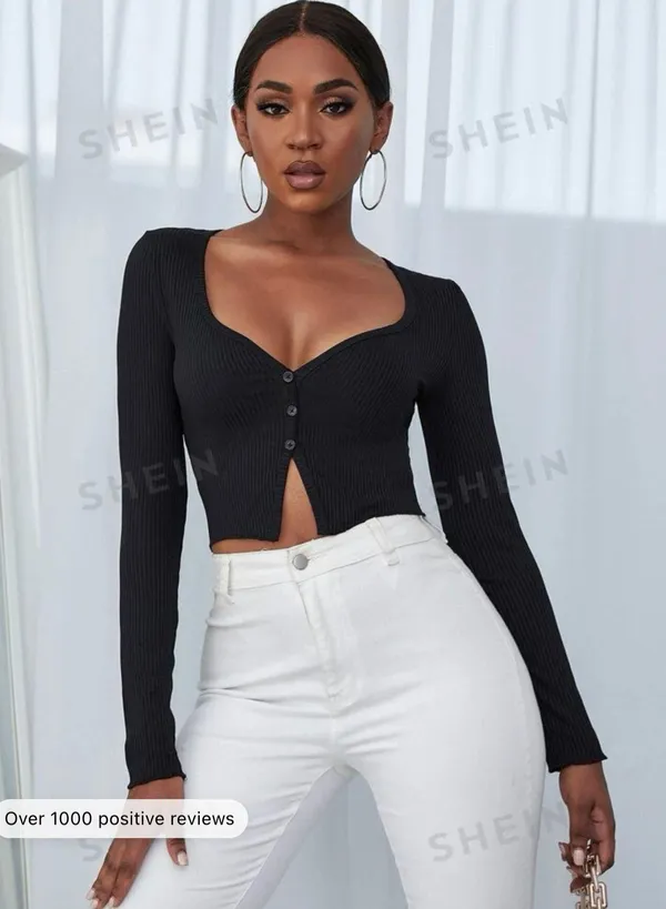 SheIn Ribbed Button Front Crop Top - Image 4