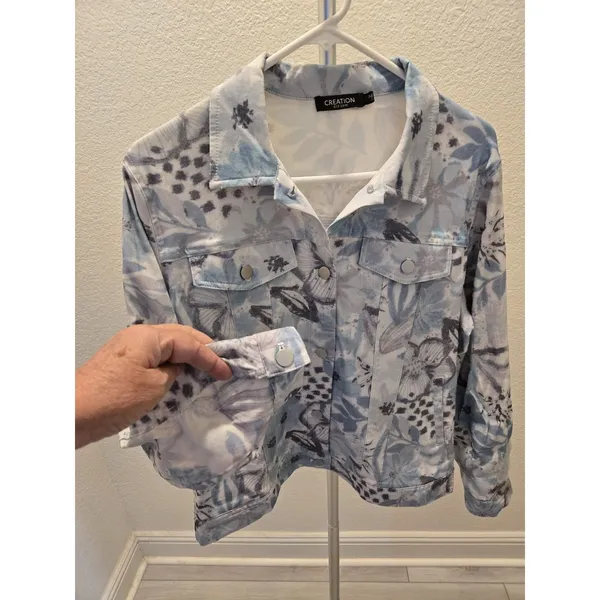 Creation Women Medium Floral Print Denim Style Button Down Jacket Blue Casual - Image 2