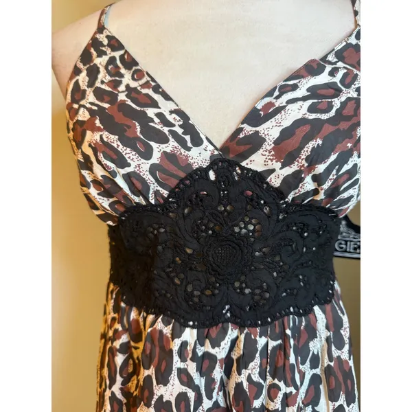 Angie Leopard Cotton mini Dress Crochet Lace Ruffle Hem‎ S NWT y2k boho animal - Image 3